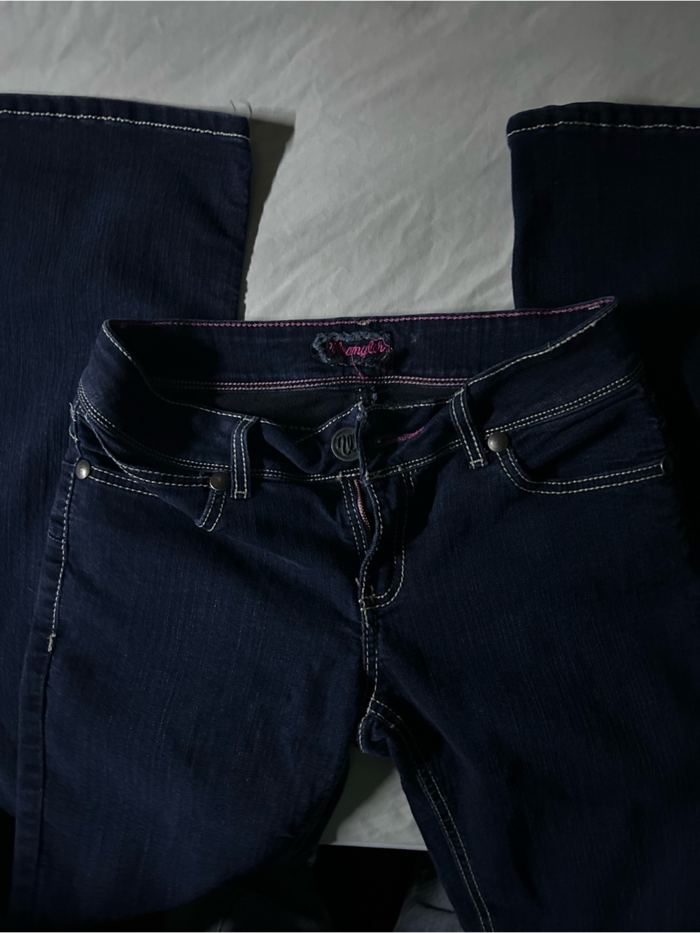 Wrangler Navy blue low rise bootcut jeans with white stitching